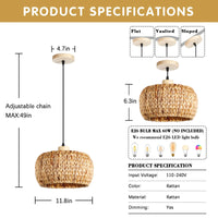 Hand-Woven Pendant Light, 11.8" 1-Light Bohemian Natural Rattan Hanging Lighting Fixture Weaving Ceiling Farmhouse Basket Hanging Lamp Chandelier for Kitchen Island, Living Dining Room
