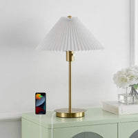 JONATHAN Y Freida Modern Glam Metal Column LED Table Lamp with USB Charging Port and Pleated Shade , for Bedroom, Living Room, Foyer, Hallways, Dining Room, Dorms