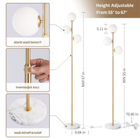 3-Globe Mid Century Modern Floor Lamp for Living Room, Adjustable Height Standing Lamp with Marble Base, Gold Brass Tall Lamp with Frosted Glass Shades, Pole Lamp for Bedroom, Bulbs Included,Design，Fallfreshness