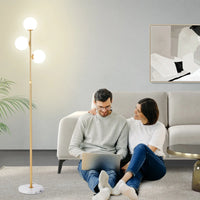 3-Globe Mid Century Modern Floor Lamp for Living Room, Adjustable Height Standing Lamp with Marble Base, Gold Brass Tall Lamp with Frosted Glass Shades, Pole Lamp for Bedroom, Bulbs Included,Design，Fallfreshness