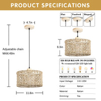 Hand-Woven Rattan Pendant Light, 11.8" Bohemian 1-Light Natural Wicker Hanging Lighting Fixture Ceiling Farmhouse Basket Hanging Lamp Chandelier for Kitchen Island, Living Dining Room