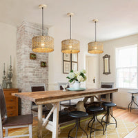 Hand-Woven Rattan Pendant Light, 11.8" Bohemian 1-Light Natural Wicker Hanging Lighting Fixture Ceiling Farmhouse Basket Hanging Lamp Chandelier for Kitchen Island, Living Dining Room