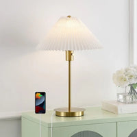 JONATHAN Y Freida Modern Glam Metal Column LED Table Lamp with USB Charging Port and Pleated Shade , for Bedroom, Living Room, Foyer, Hallways, Dining Room, Dorms