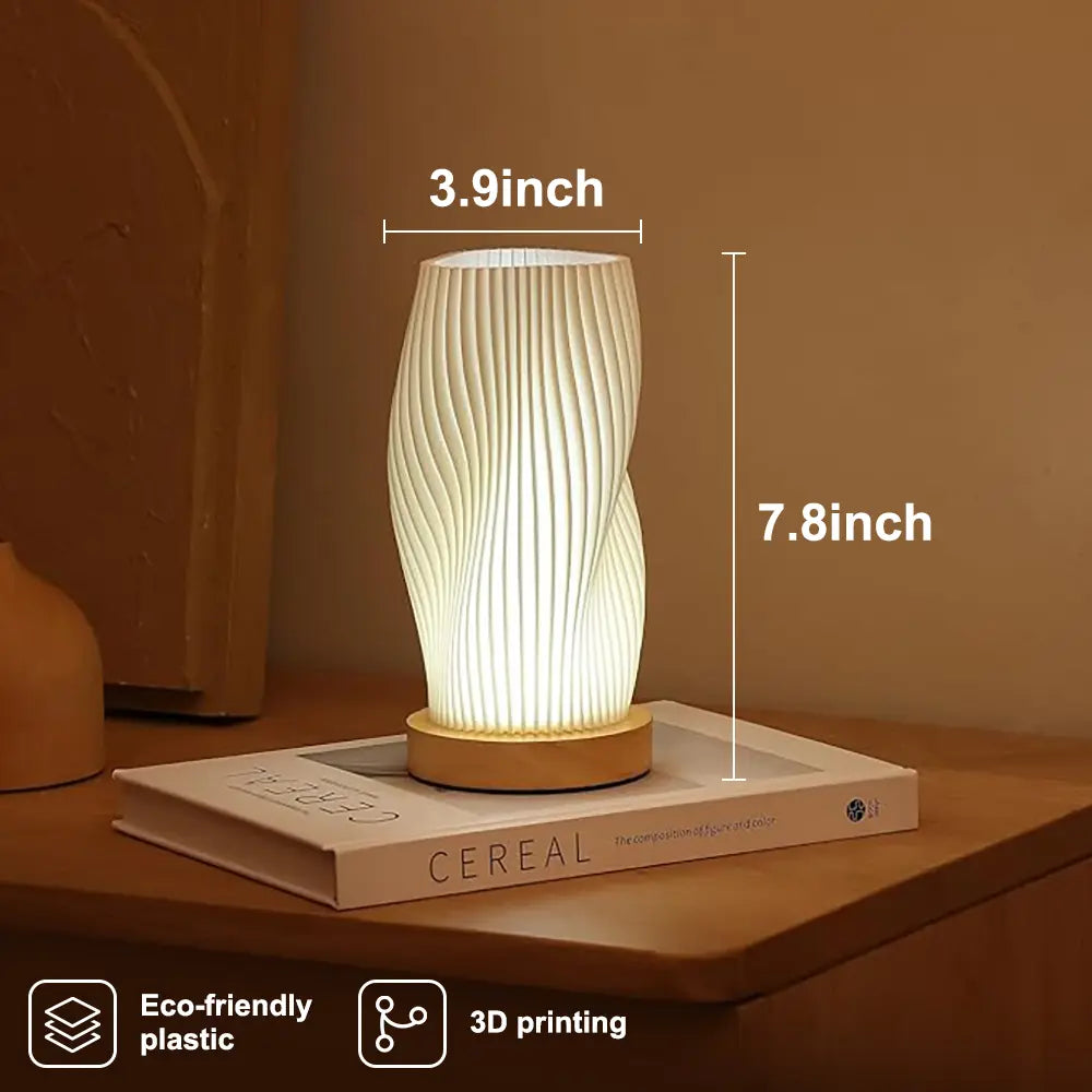 Minimalist Table Lamp Bedside Bedroom Small Lamp with Woodbase Button ,3D Printed Lamp,3 Color Options & 9 Brightness Levels Dimmable Lamp