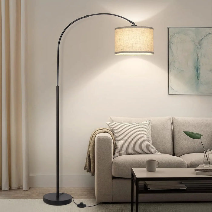 Arc Floor Lamps for Living Room, Modern Standing Lamp with Adjustable Hanging Drum Shade, Tall Pole Lamp with Foot , over Couch Arched Reading Light for Bedroom, Office (Black)