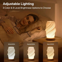 Minimalist Table Lamp Bedside Bedroom Small Lamp with Woodbase Button ,3D Printed Lamp,3 Color Options & 9 Brightness Levels Dimmable Lamp
