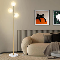 3-Globe Mid Century Modern Floor Lamp for Living Room, Adjustable Height Standing Lamp with Marble Base, Gold Brass Tall Lamp with Frosted Glass Shades, Pole Lamp for Bedroom, Bulbs Included,Design，Fallfreshness